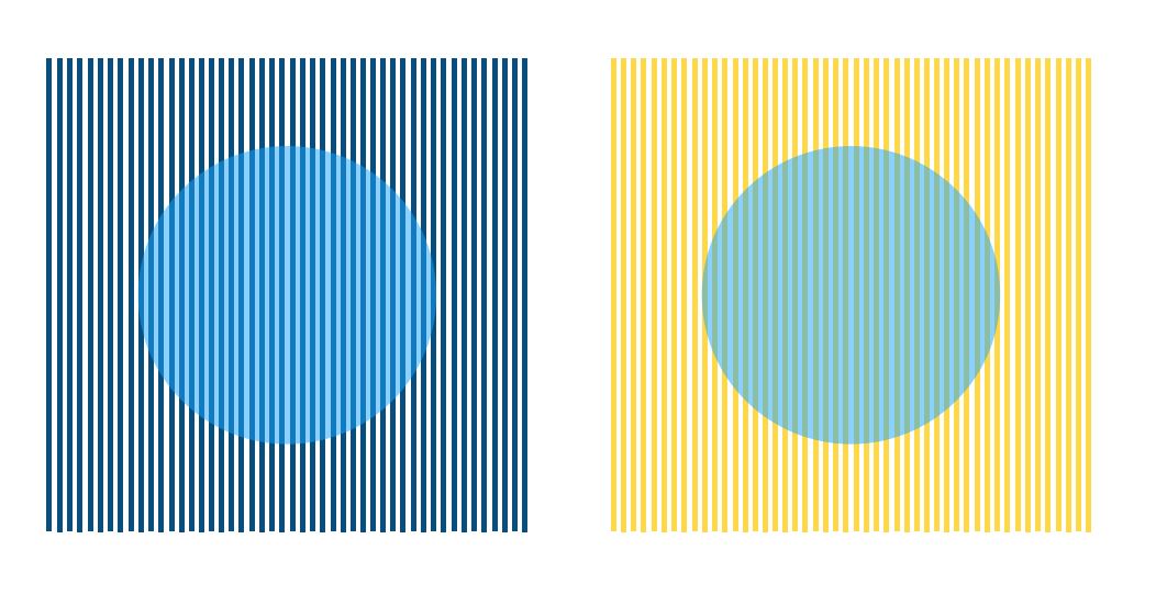 A color illusion with two circles against striped backgrounds.
