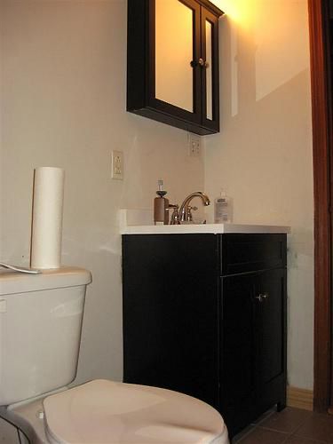 A bathroom scene with no visible toothbrush.