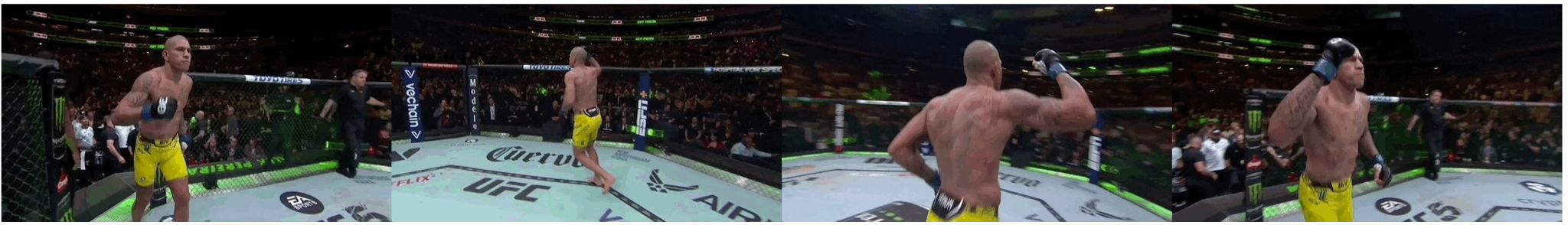 A shuffled sequence of a fighter moving around a ring.