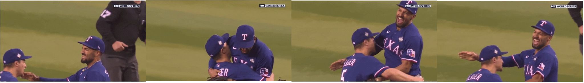 A shuffled sequence of baseball players hugging.