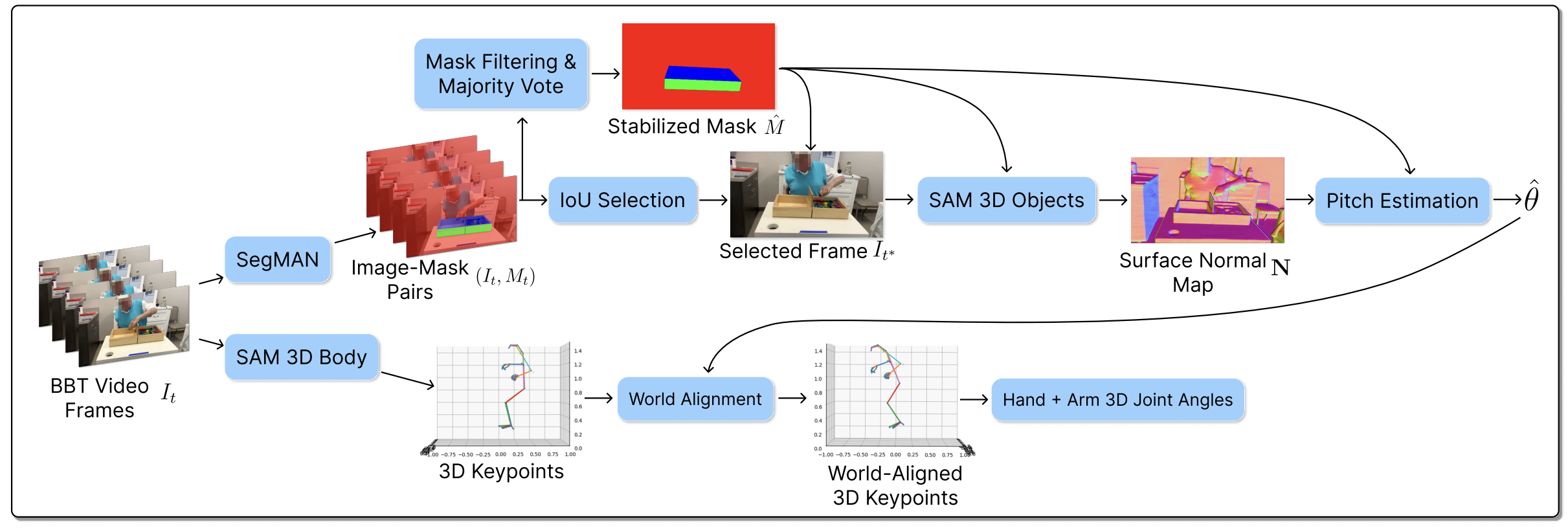 Pipeline: BBT video frames to world-aligned 3D joint angles